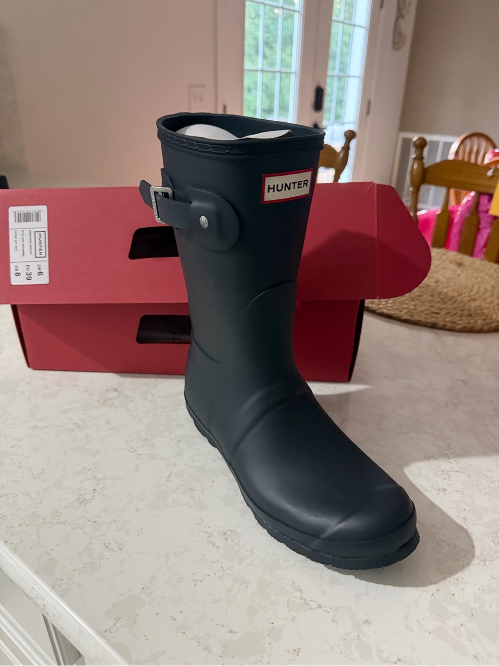 Hunter Navy Short Matte Rain Boot with Side Buckle Size 8 New In Box